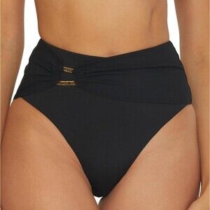 Trina Turk Women's Monaco Gold Belted High Waist Swim Bottom Black Sizes 4